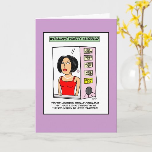Vanity Mirror Cartoon voor vrouwen Kaart (Gele Bloem)