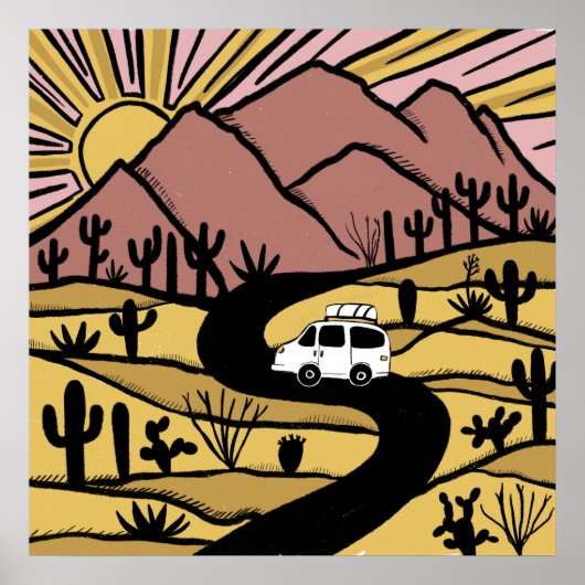 VANLIFE Desert Cacti Mountain Ontdek het avontuur Poster (Voorkant)