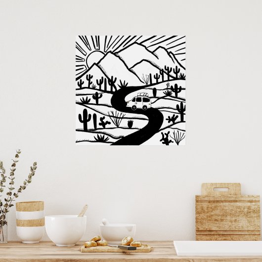 VANLIFE Desert Cacti Mountain Ontdek het avontuur Poster (Keuken)