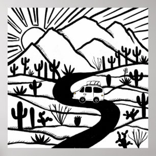 VANLIFE Desert Cacti Mountain Ontdek het avontuur Poster