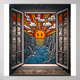 Vanuit mijn raam: Zonsondergang en klif 2 Poster