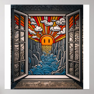 Vanuit mijn raam: Zonsondergang en klif 2 Poster