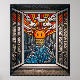 Vanuit mijn raam: Zonsondergang en klif 2 Poster