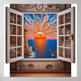 Vanuit mijn raam: Zonsondergang en klif Poster