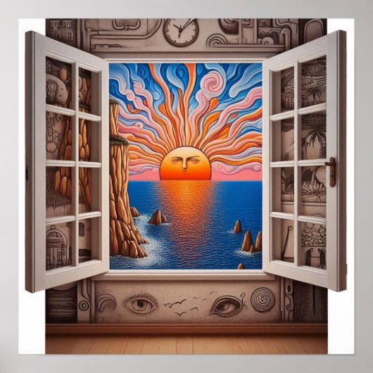 Vanuit mijn raam: Zonsondergang en klif Poster (Voorkant)