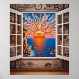 Vanuit mijn raam: Zonsondergang en klif Poster