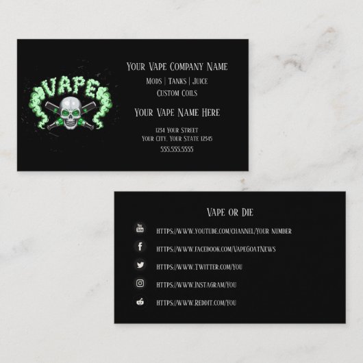 VAPE | Vape Skull Business met sociale media Visitekaartje (Voorkant / Achterkant)