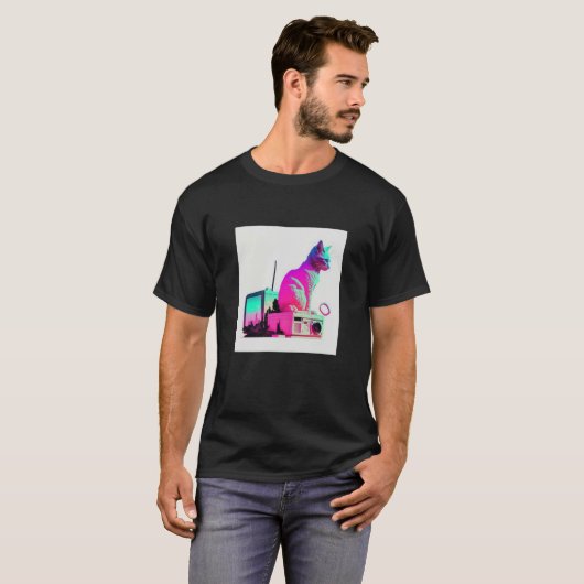 Vaperwave Aesthetic Glitch Cat Retrowave Synthwave T-shirt (Voorkant volledig)