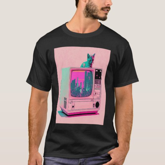 Vaperwave Aesthetic Glitch Cat Retrowave Synthwave T-shirt (Voorkant)