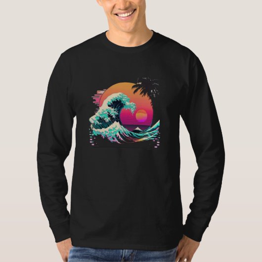Vaperwave Aesthetic Glitch Great Wave Retrowave Sy T-shirt (Voorkant)