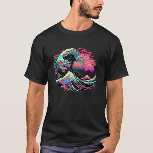 Vaperwave Aesthetic Glitch Great Wave Retrowave Sy T-shirt (Voorkant)