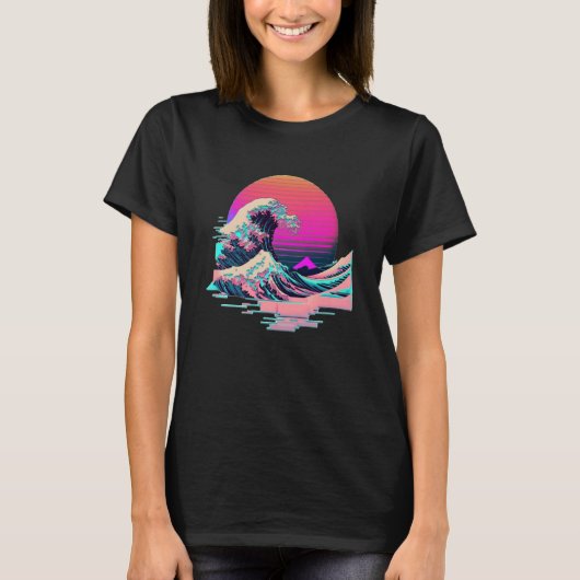 Vaperwave Aesthetic Glitch Great Wave Retrowave Sy T-shirt (Voorkant)