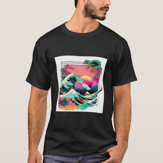 Vaperwave Aesthetic Glitch Great Wave Wave Synthwa T-shirt (Voorkant)