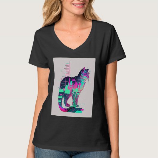 Vaperwave Esthetiek Glitch Kat Retrowave Synthwave T-shirt (Voorkant)