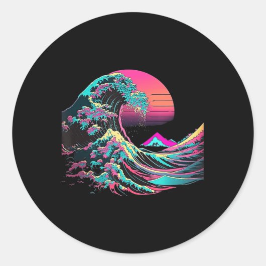 Vaperwave esthetisch glitch Great Wave Retrowave S Ronde Sticker (Voorkant)