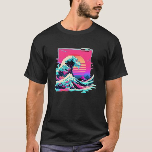 Vaperwave esthetisch glitch Great Wave Retrowave S T-shirt (Voorkant)