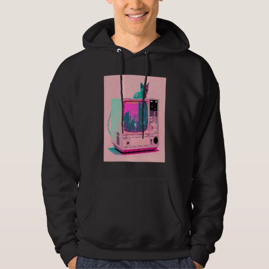 Vaperwave Esthetische Glitch Kat Retrowave Synthwa Hoodie (Voorkant)