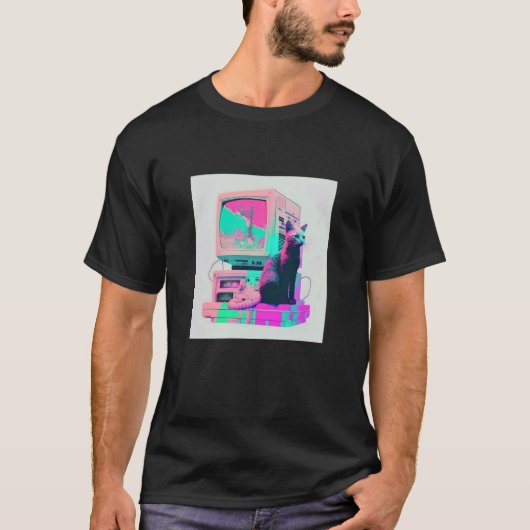 Vaperwave Esthetische Glitch Kat Retrowave Synthwa T-shirt (Voorkant)
