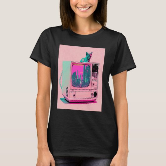 Vaperwave Esthetische Glitch Kat Retrowave Synthwa T-shirt (Voorkant)