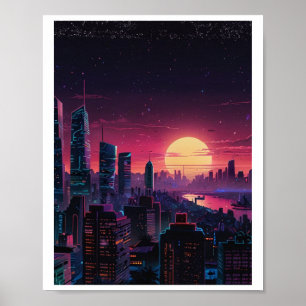 Vaporwave Cyberpunk Stadslandschap – Neon Silhouet Poster