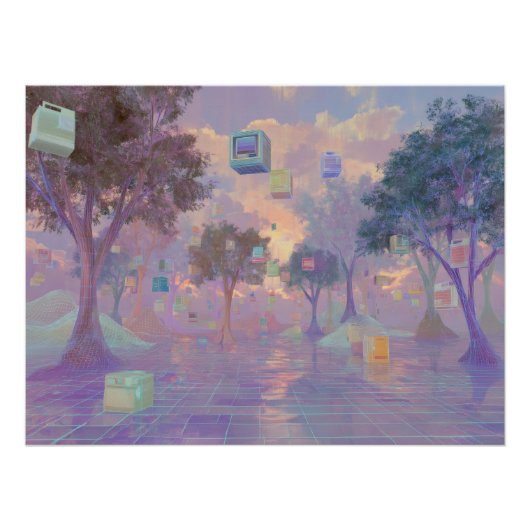 Vaporwave droomwoud met zwevende vensters perfect poster (Voorkant)