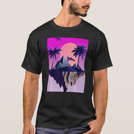 Vaporwave esthetisch vliegend eiland met palmen en t-shirt (Voorkant)