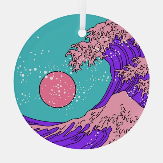 Vaporwave Great Wave: gestileerde oceaankunst Glas Ornament (Achterkant)