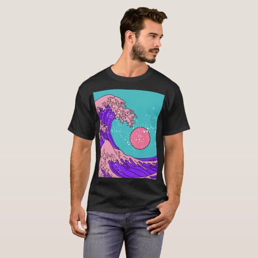 Vaporwave Great Wave: gestileerde oceaankunst T-shirt (Voorkant volledig)