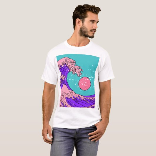 Vaporwave Great Wave: gestileerde oceaankunst T-shirt (Voorkant volledig)