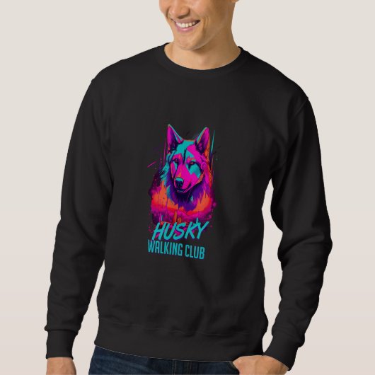 Vaporwave Husky Walking Club Retro 80s Inspired Do Trui (Voorkant)