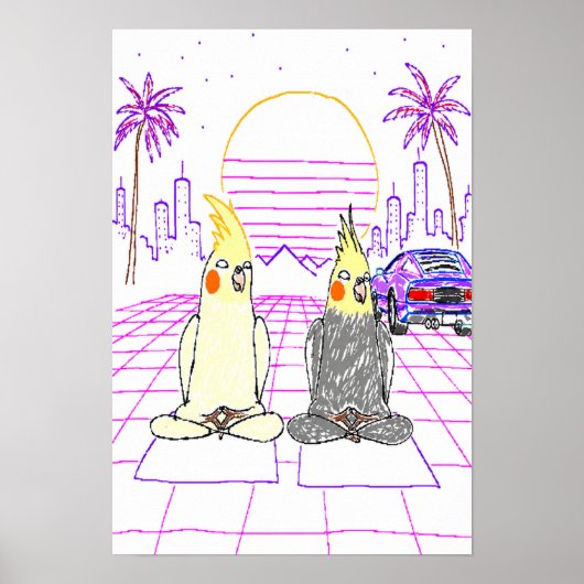 Vaporwave Kaketoes Retro Zonsondergang Poster (Voorkant)