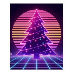 Vaporwave Kerstboom Neon Zonsondergang Perfect Poster