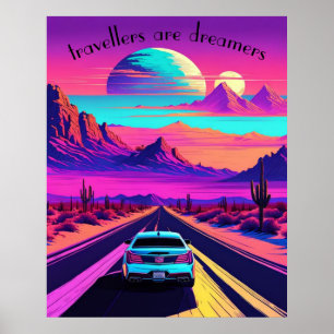 Vaporwave psychedelische woestijn weg scene. Bewer Poster
