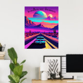 Vaporwave psychedelische woestijn weg scene. Bewer Poster (Thuiskantoor)