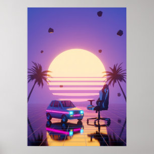 Vaporwave Retro Auto en Gaming Stoel Poster