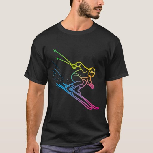 Vaporwave-skiër regenbooggradiënt retro winter t-shirt (Voorkant)