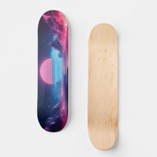 Vaporwave Sunset Landschap, Retro-futuristisch ont Persoonlijk Skateboard (Voorkant)