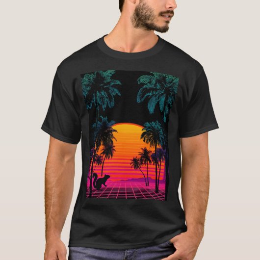 Vaporwave Sunset Palms – Neon Squirrel Gridscape T-shirt (Voorkant)