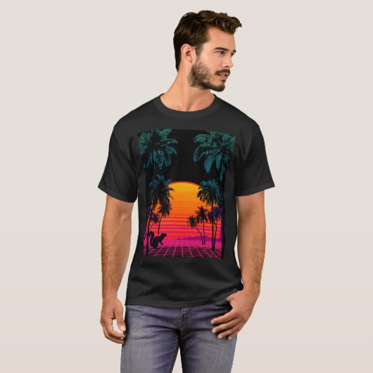 Vaporwave Sunset Palms – Neon Squirrel Gridscape T-shirt (Voorkant volledig)