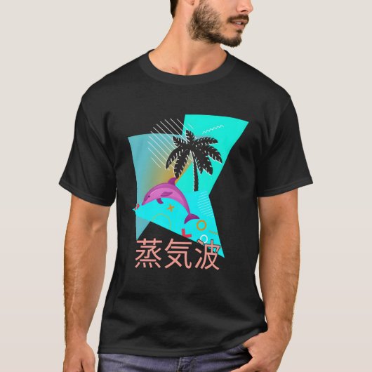 Vaporwave Synthwave Dolphin Ocean Kanjis T-shirt (Voorkant)