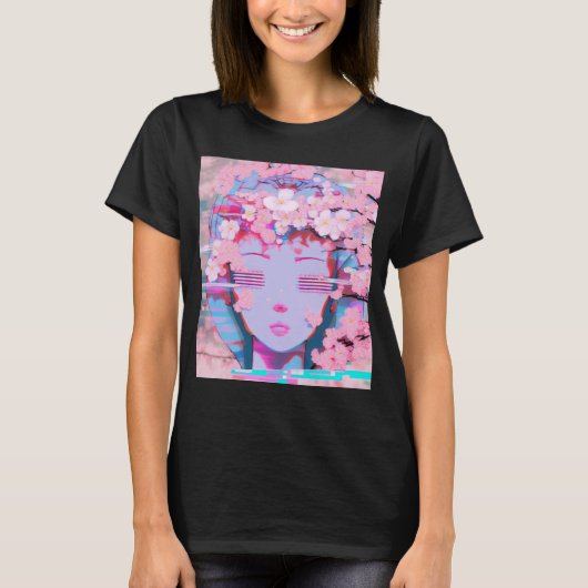 Vaporwave Synthwave Retrowave Glitch Cherry Blosso T-shirt (Voorkant)