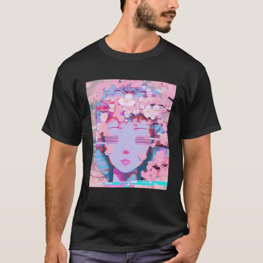 Vaporwave Synthwave Retrowave Glitch Cherry Blosso T-shirt (Voorkant)