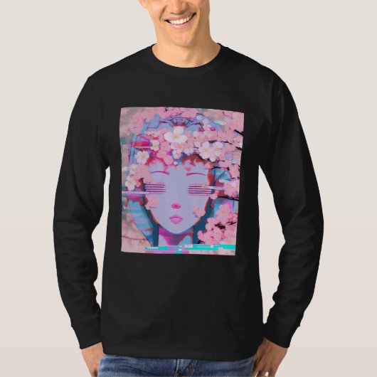 Vaporwave Synthwave Retrowave Glitch Kersenbloesem T-shirt (Voorkant)