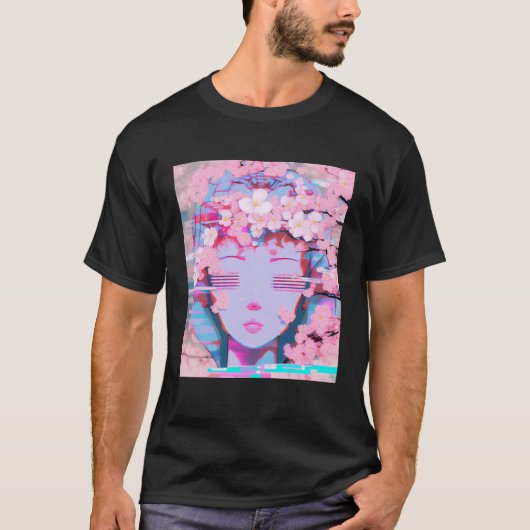 Vaporwave Synthwave Retrowave Glitch Kersenbloesem T-shirt (Voorkant)