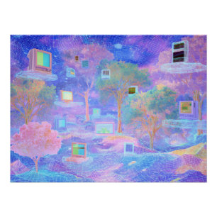 Vaporwave wolkenlandschap met zwevende vensters perfect poster