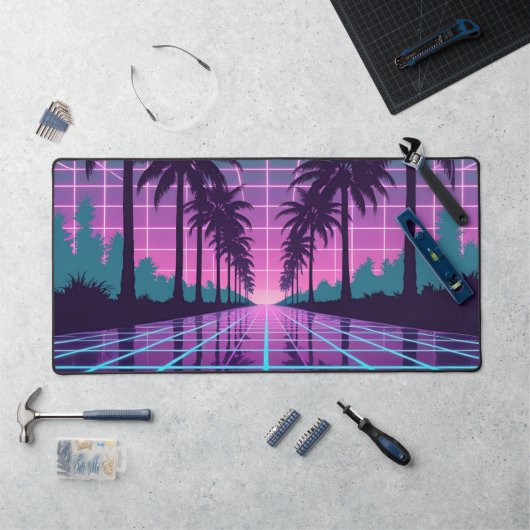 Vaporwave Zonsondergang Palmboom Neon Grid Bureaum Bureaumat (Werkstation)
