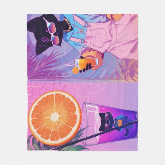 Vaporwave Zwarte Kat Fleece Deken (Voorkant)
