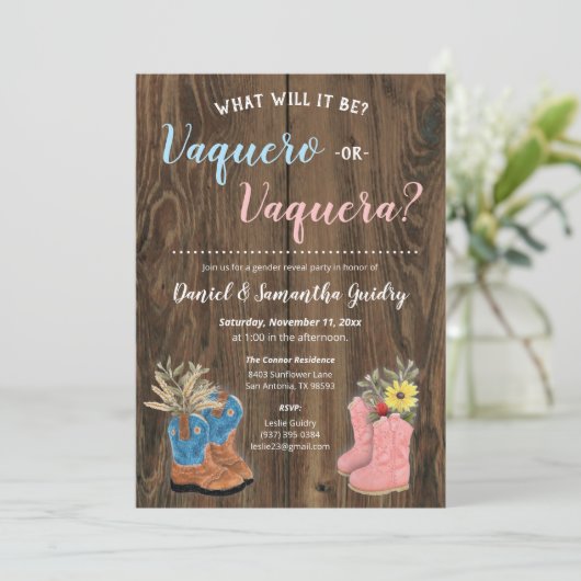 Vaquero/Vaquera Bootie Dark Wood Gender onthullen Kaart (Staand voorkant)