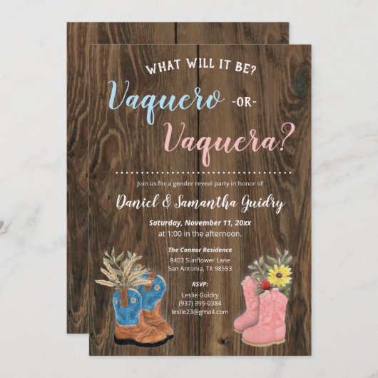 Vaquero/Vaquera Bootie Dark Wood Gender onthullen Kaart (Voorkant / Achterkant)