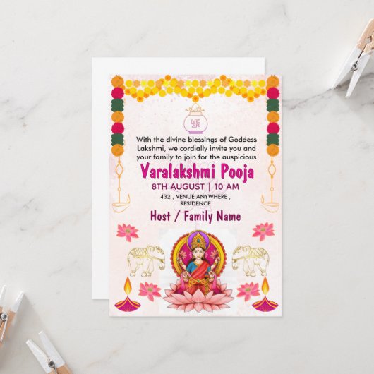 Varalakshmi Vratham Uitnodigingskaart | Pooja Kaart (Voorkant / Achterkant in situ)